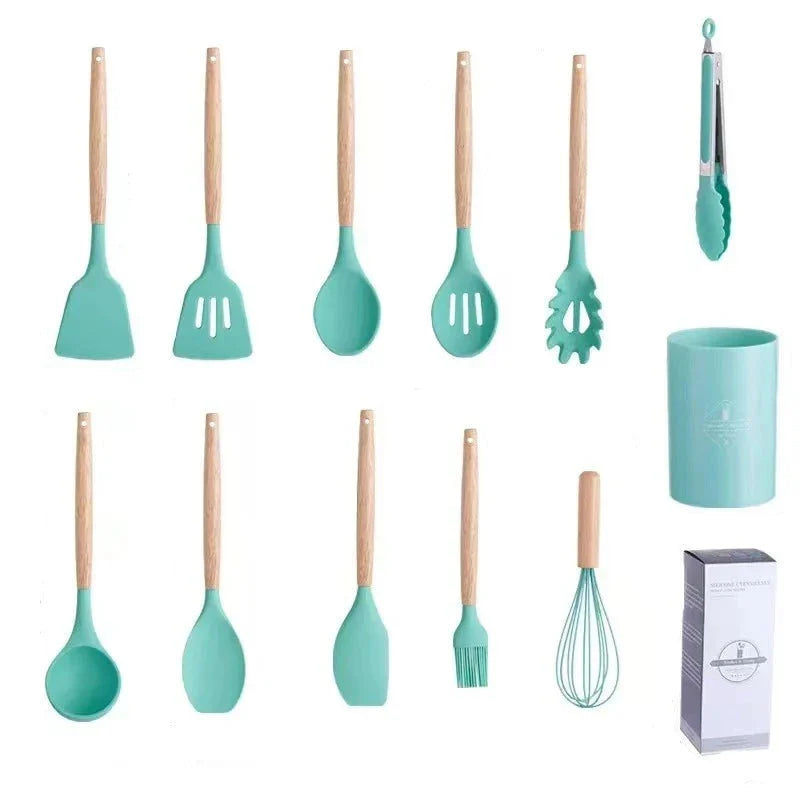 Kit Utensílios Cozinha em Silicone e Cabo De Madeira - 12 Peças