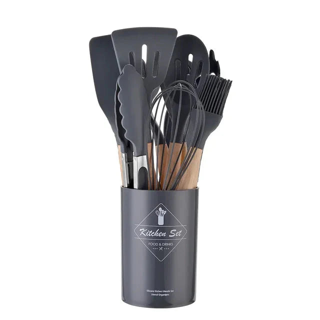 Kit Utensílios Cozinha em Silicone e Cabo De Madeira - 12 Peças