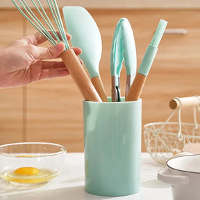 Kit Utensílios Cozinha em Silicone e Cabo De Madeira - 12 Peças